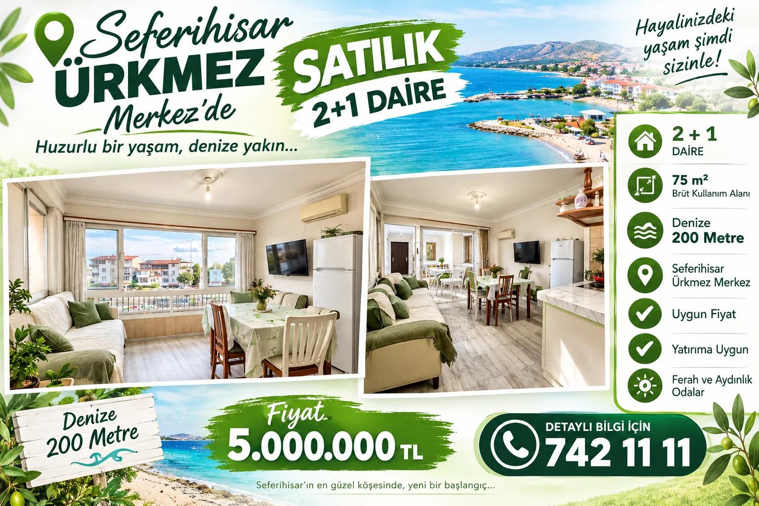 Seferihisar Ürkmez в центре продается 2+1 квартира в 200 метров от моря