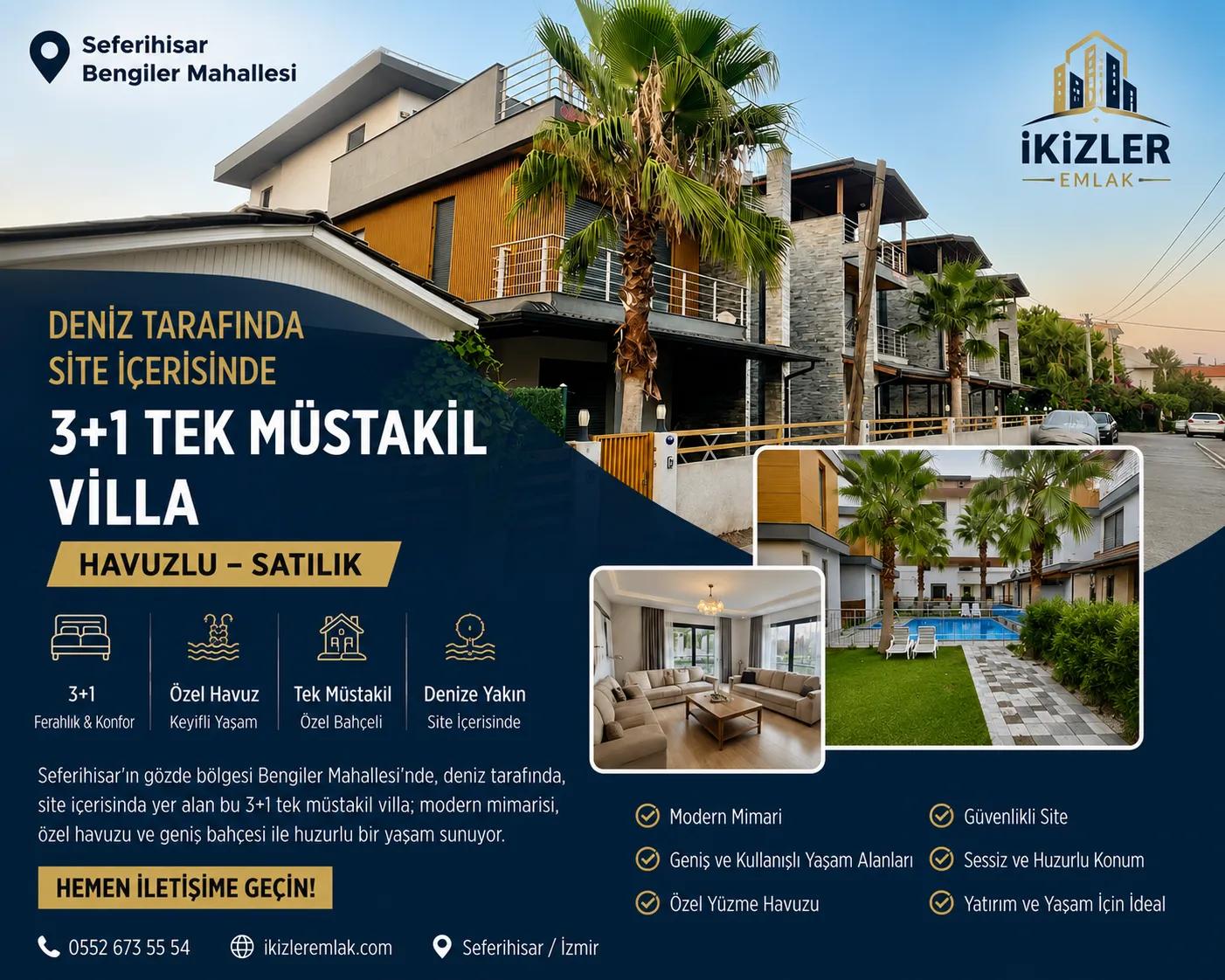 Seferihisar Doğanbey deniz tarafında site İçerisinde havuzlu tek müstakil villa
